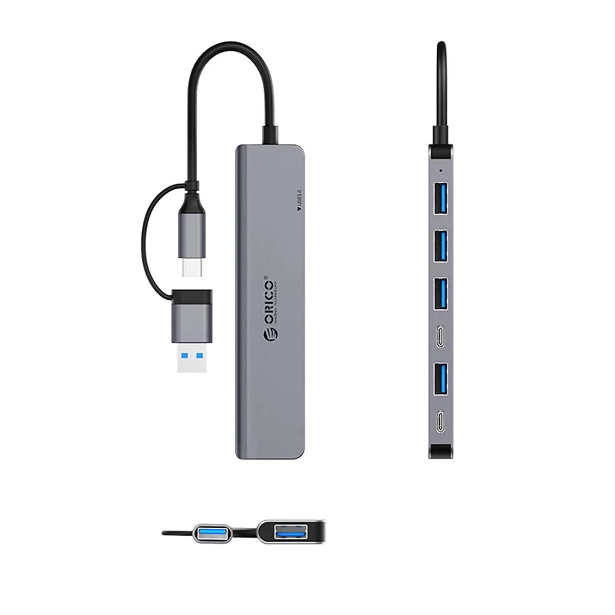 Orico YSA7-U3 HUB adaptér USB / USB-C - 4x USB 2.0 / 1x USB 3.0 / 2x U SB-C, šedý