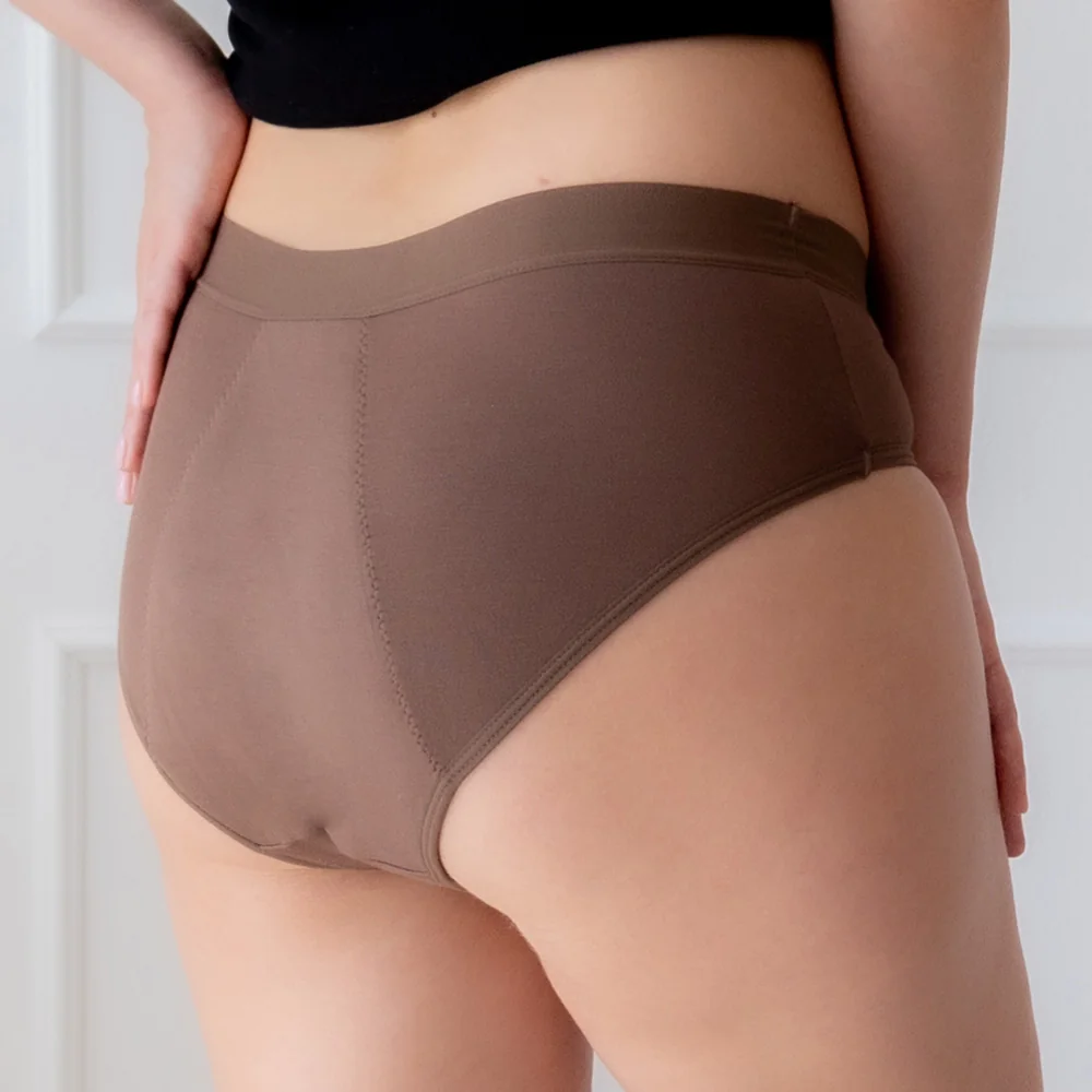 Relixa, menštruačné nohavičky so širokou mäkkou gumou v páse, HIPSTERS, hnedé, 6xl Silná absorp., prateľné, XS-6XL
