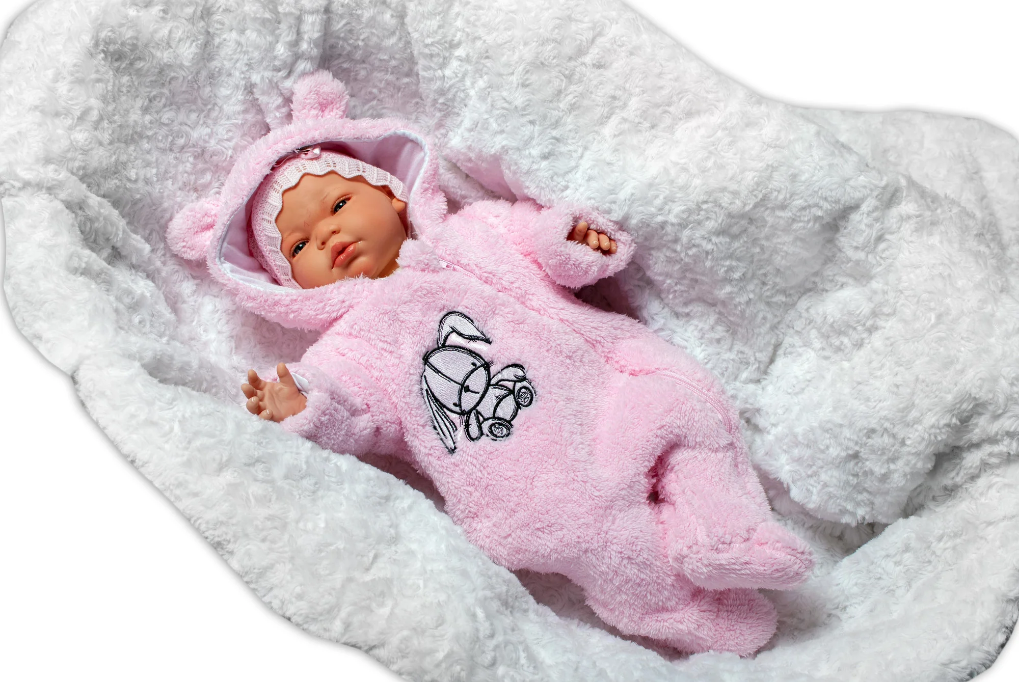 Baby Nellys Chlpáčkový overálek s kapucňou, Cute Bunny - svetlo ružový, veľ. 62