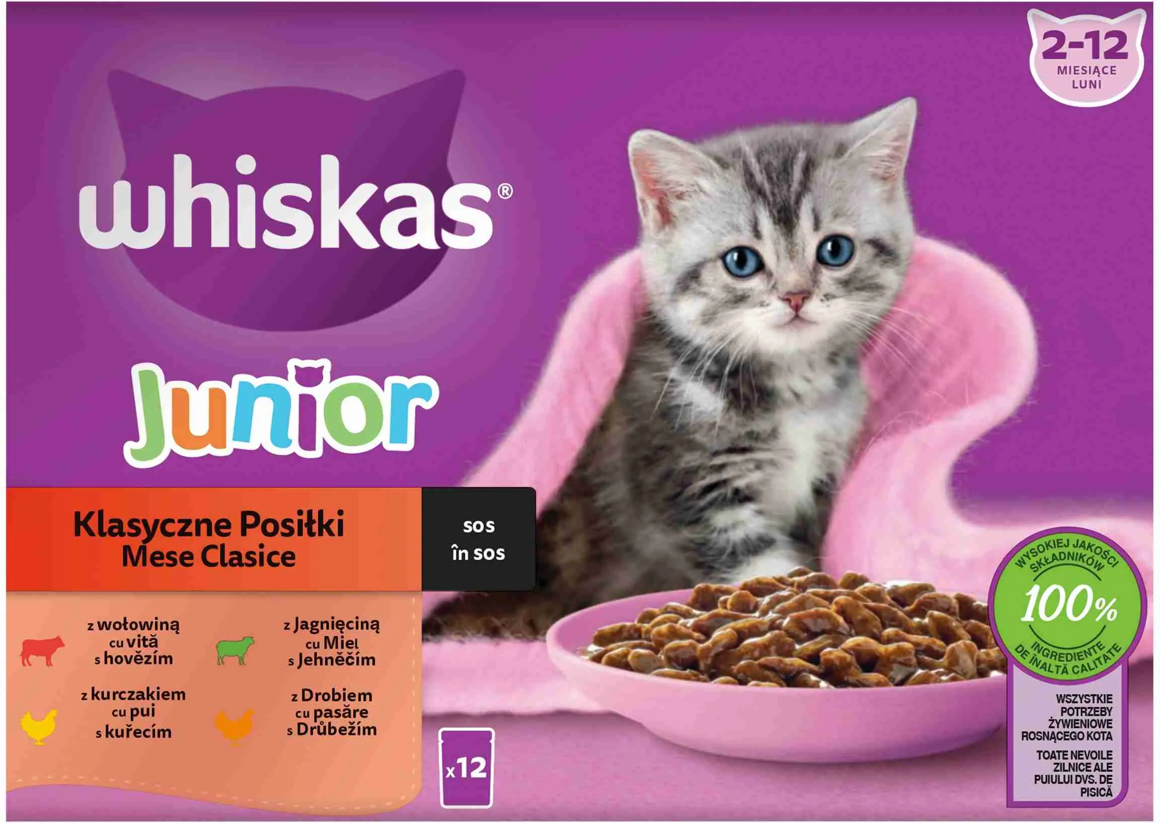 WHISKAS Kapsička Junior mixovaný výber v šťave 12pack 12×85g, kapsička pre mačiatka