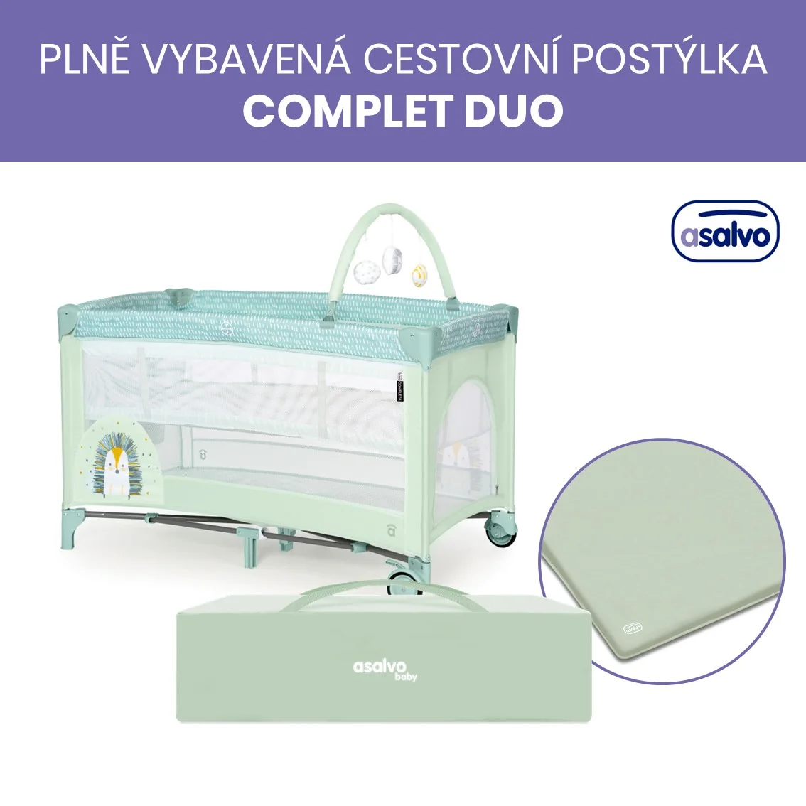 Asalvo Complet Duo cestovná postieľka Ježko, závesné lôžko, hrací oblúk