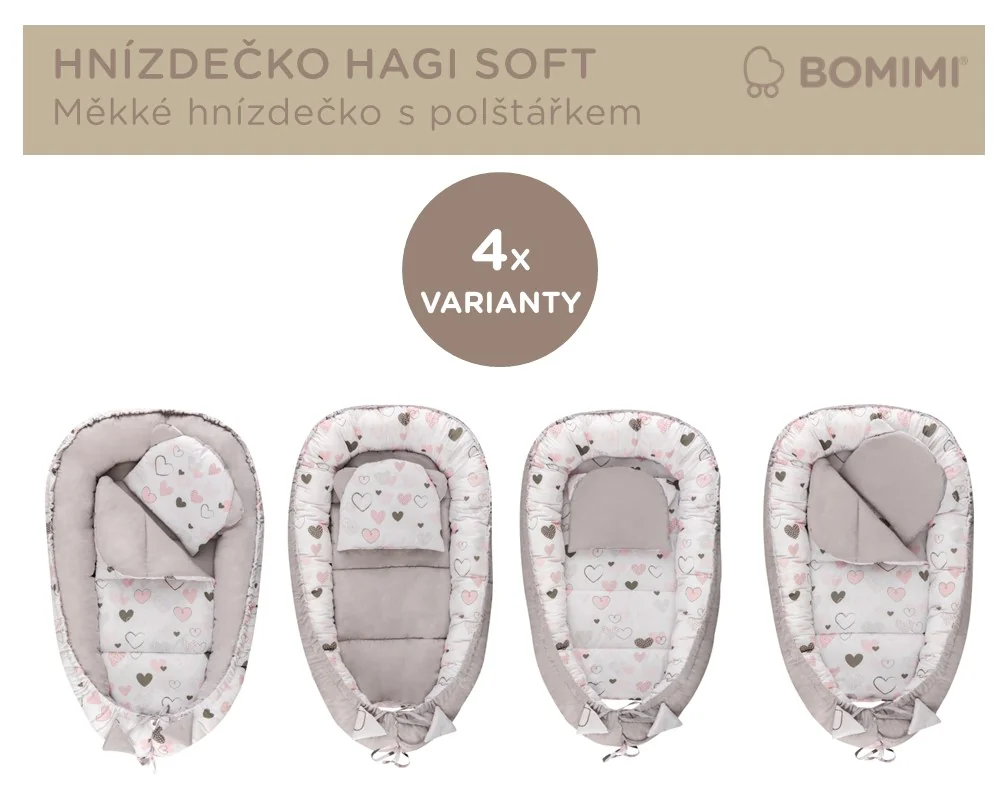 Bomimi HAGI hniezdočko pre bábätko s vankúšikom, srdcia sivé