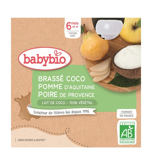 BABYBIO Desiata s kokosovým mliekom - jablko a hruška (4x 85 g) 4×85 g, ovocný príkrm