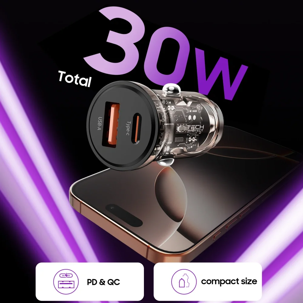 Tech-Protect CC01 autonabíjačka USB / USB-C 30W PD QC, čierna