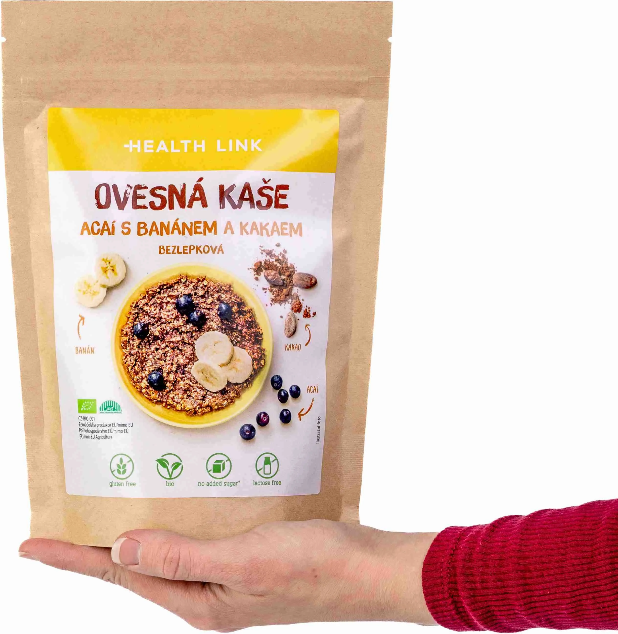Health link BIO ovsená bezlepková kaša acai s banánom a kakaom 1×300 g, ovsená bezlepková kaša
