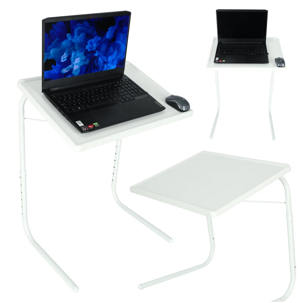 Skladací bočný stolík na notebook biely 52×40 cm – nastaviteľný príručný stolík k posteli a gauču