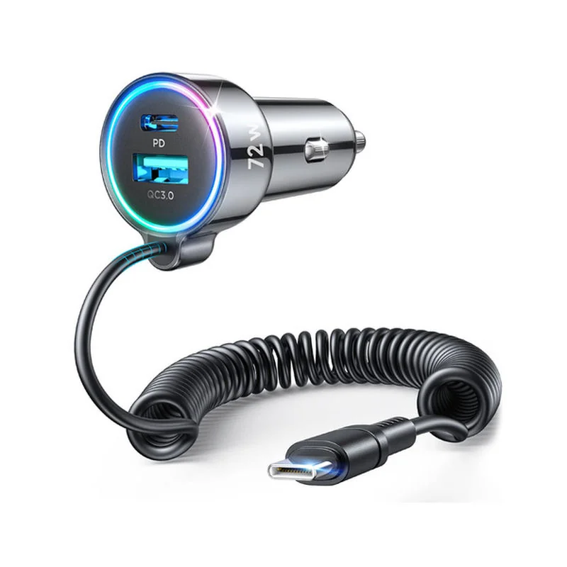 Joyroom 3in1 autonabíjačka USB / USB-C 72W + vstavaný kábel USB-C, čierna rna