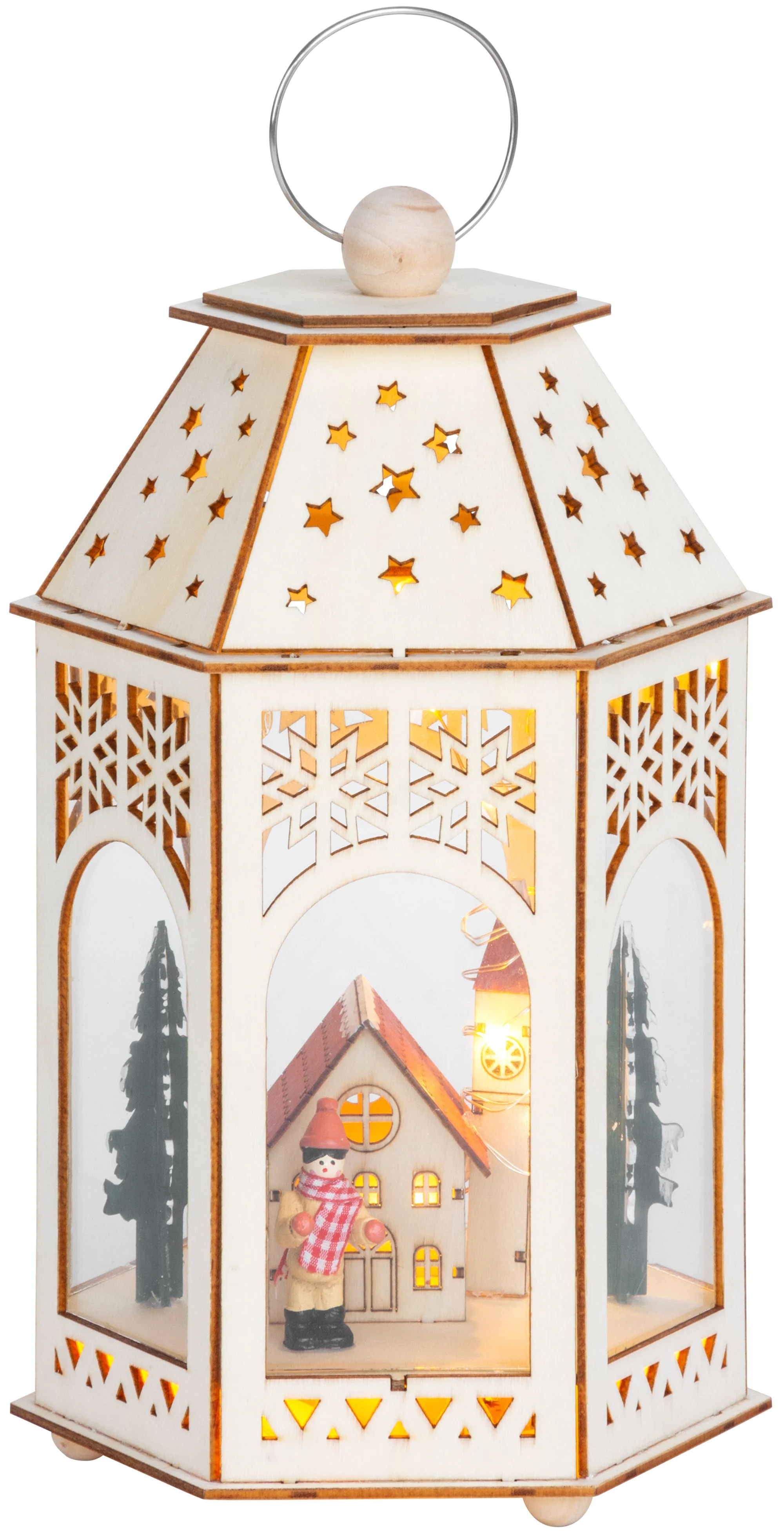 MagicHome vianočný LED lampáš s drevenou dedinkou, 1 ks 9 LED, teplá biela, 16,5x14x30 cm
