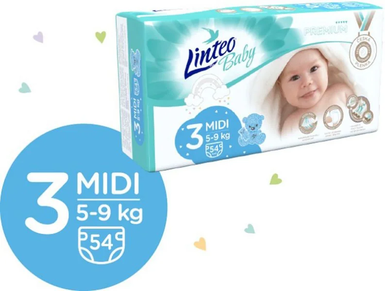 LINTEO BABY Premium Plienky jednorazové 3 MIDI (5-9 kg) 216 ks 1×216 ks