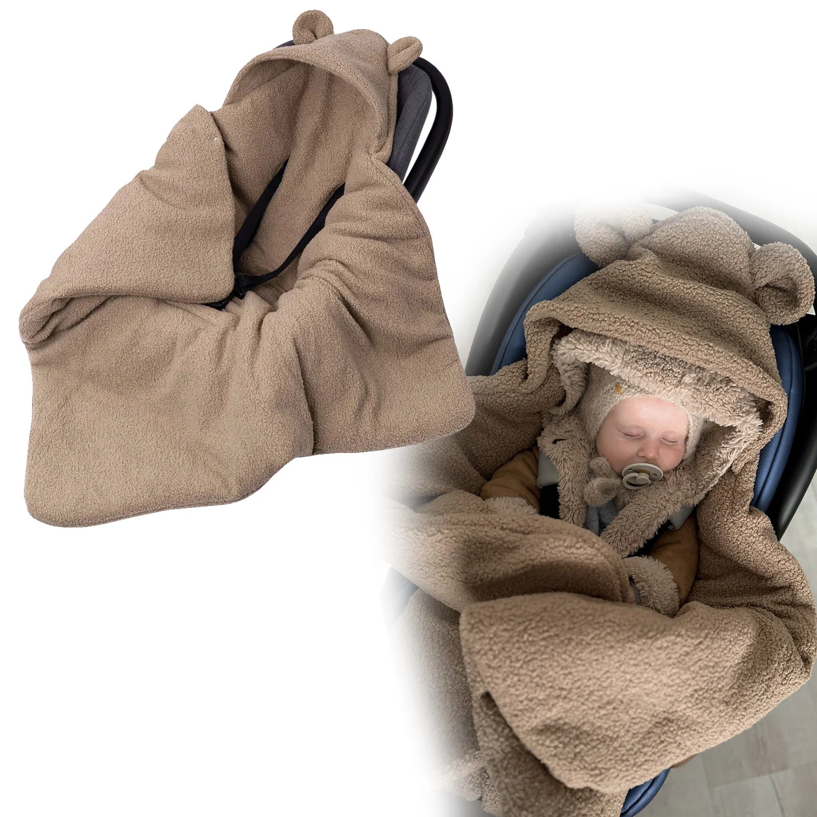 Oteplený fusák, deka s kapucňou do autosedačky Baránok, Baby Nellys - hnedý 