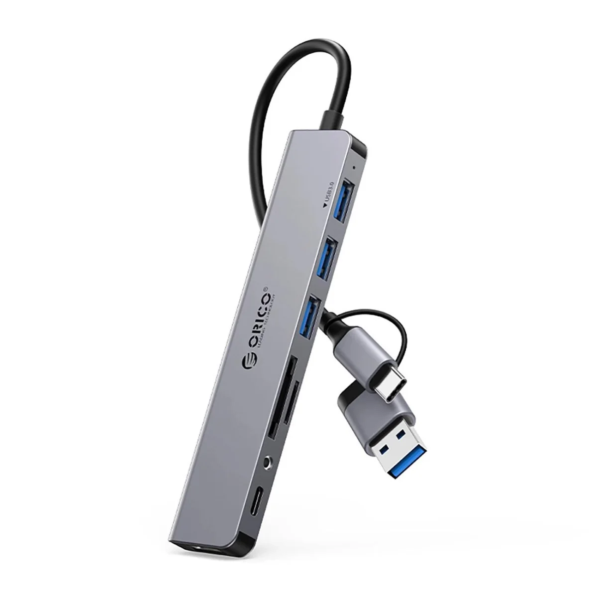 Orico YSA8-U3 HUB adaptér USB / USB-C - 3x USB 2.0 / USB 3.0 / USB-C / 3.5mm jack / 2x TF SD, šedý 3.5mm jack / 2x TF SD, šedý