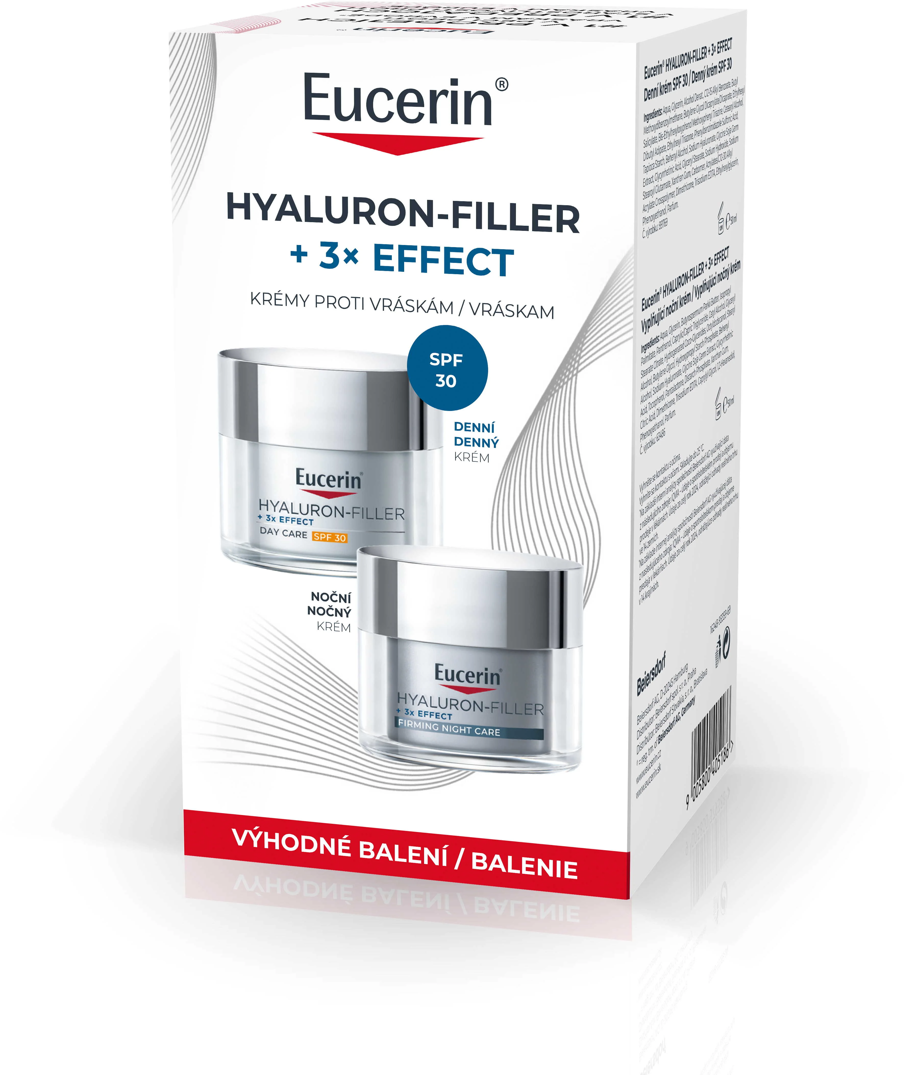 Eucerin HYALURON-FILLER + 3x EFFECT Denný krém SPF 30, 50 ml + Vyplňujúci nočný krém, 50 ml 50 ml + 50 ml