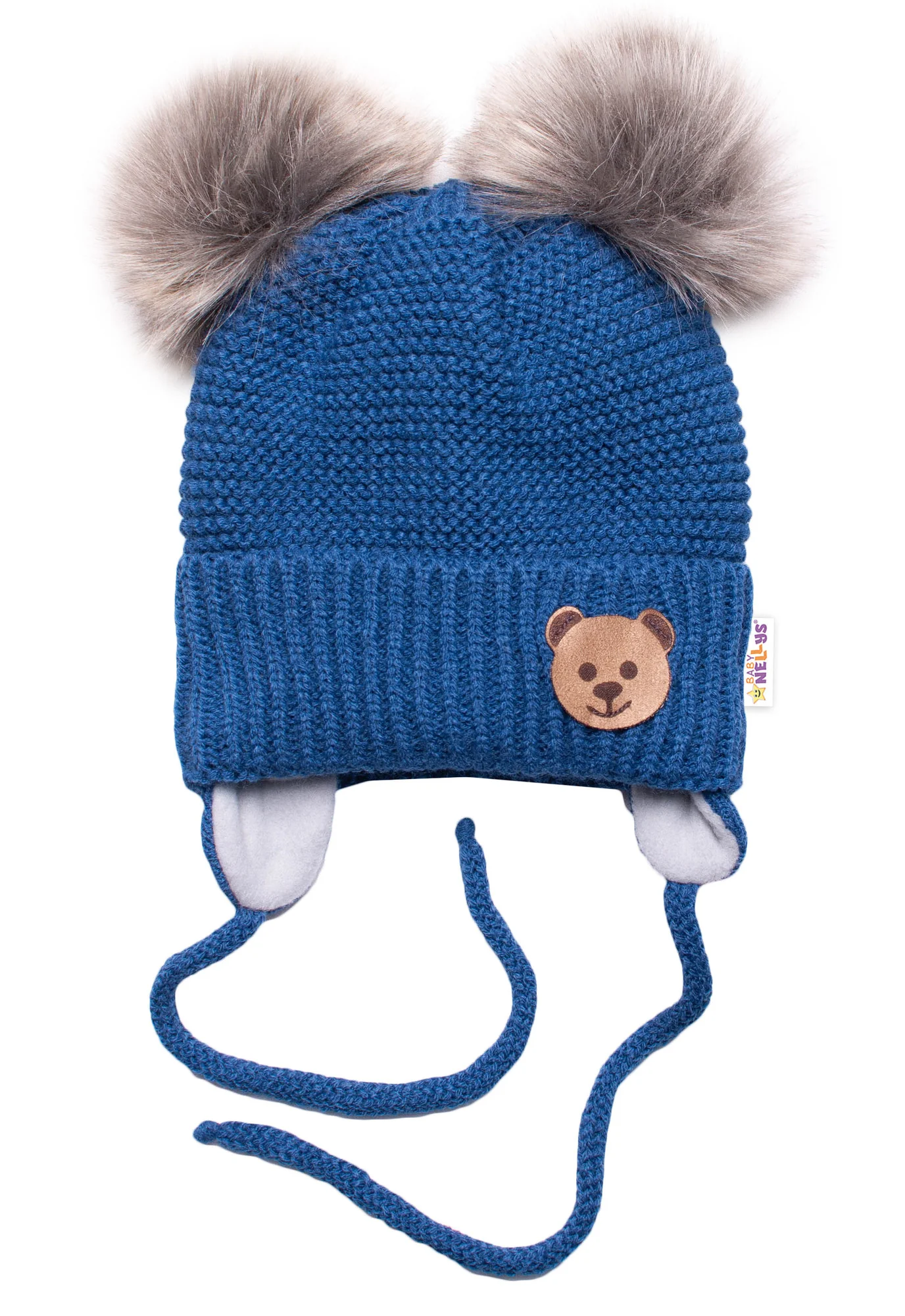 Zimná čiapka s fleecom Teddy Bear - chlupáčk. bambuľky - tm. modrá, šedá