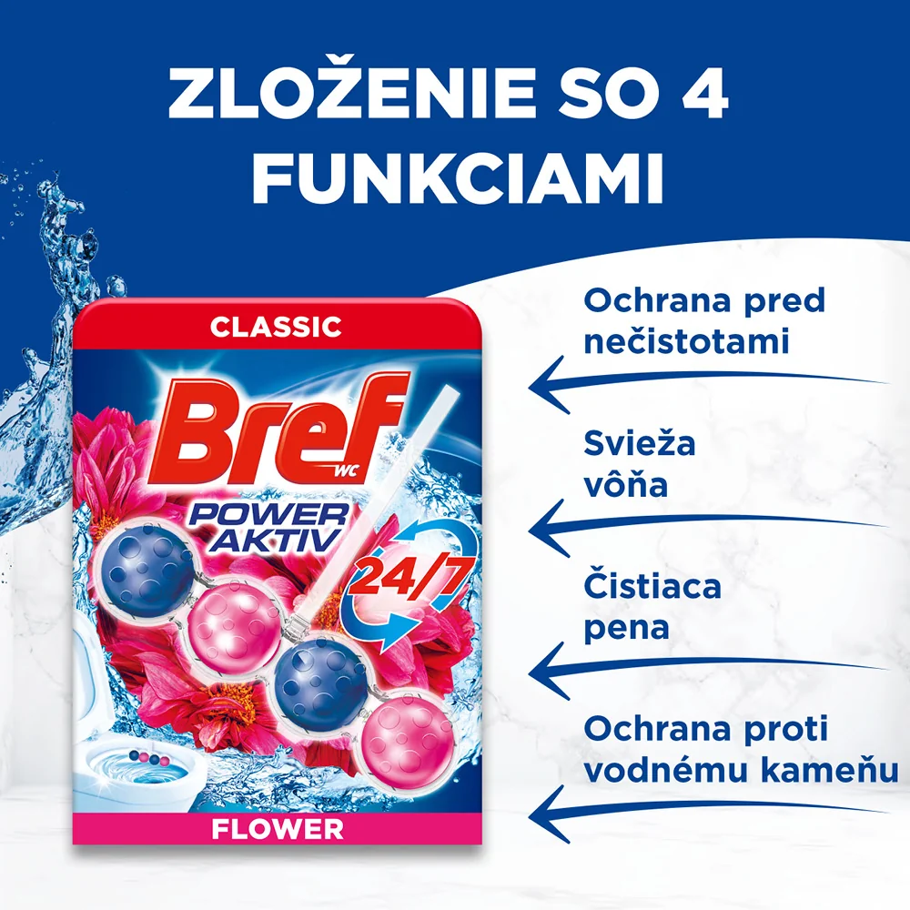 Bref Power Aktiv tuhý WC blok Flower 4×50 g, WC blok