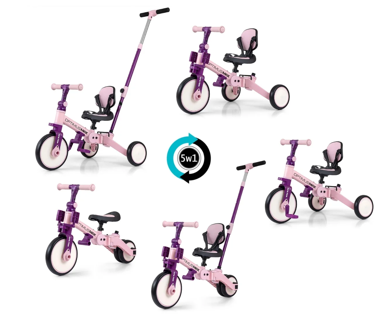 Detská trojkolka 5v1 Milly Mally Optimus Max s vodiacou tyčou pink ,