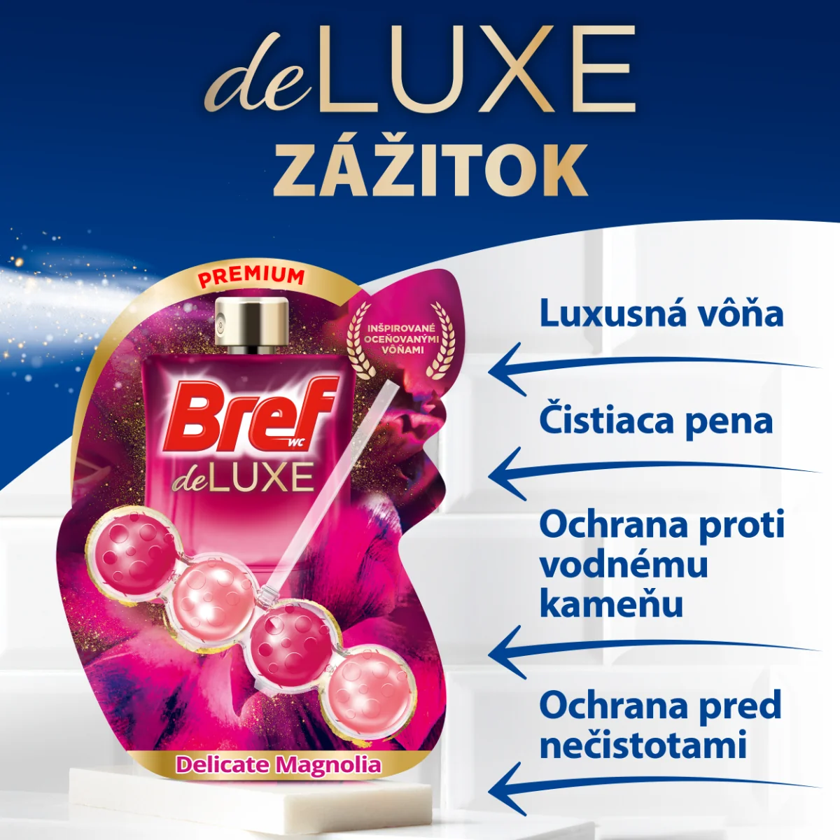Bref Deluxe tuhý WC blok Delicate Magnolia 3×50 g, WC blok