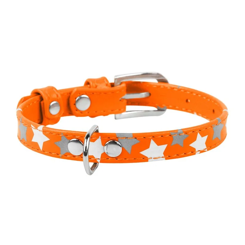 Plochý kožený obojok s hviezdičkami oranžový svietiaci, Obvod krku: 19-25cm, šírka: 9mm