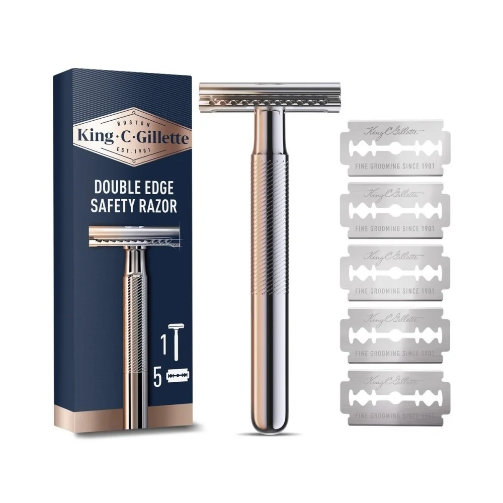 King C Gillette Holiaci strojček s obojstranou čepieľkou + 5 obojstranných čepieľok 1×1 set, holiaci strojček + 5 náhradných hlavíc