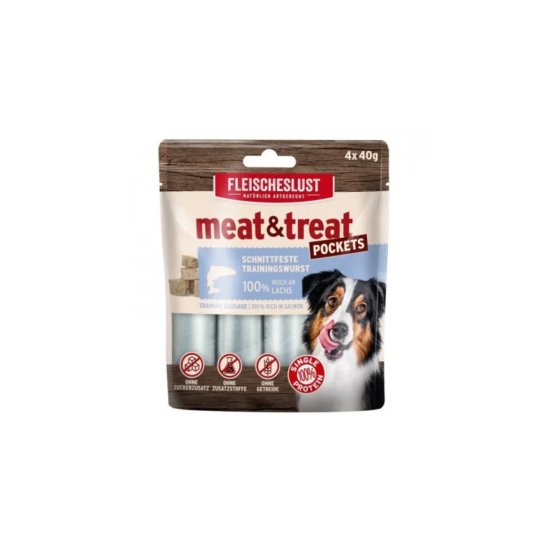Odmeny pre psov v tvare salámy Meat and trEAT 100% losos 4x40g