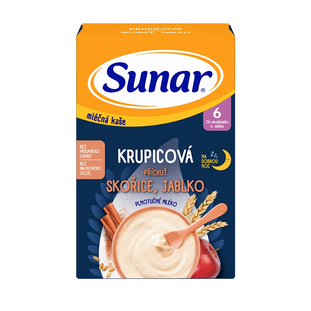 Sunar mliečna kaša krupicová príchuť škorica, jablko na dobrú noc 1×210 g, instantná, obilno-mliečna kaša, od ukončeného 6. mesiaca
