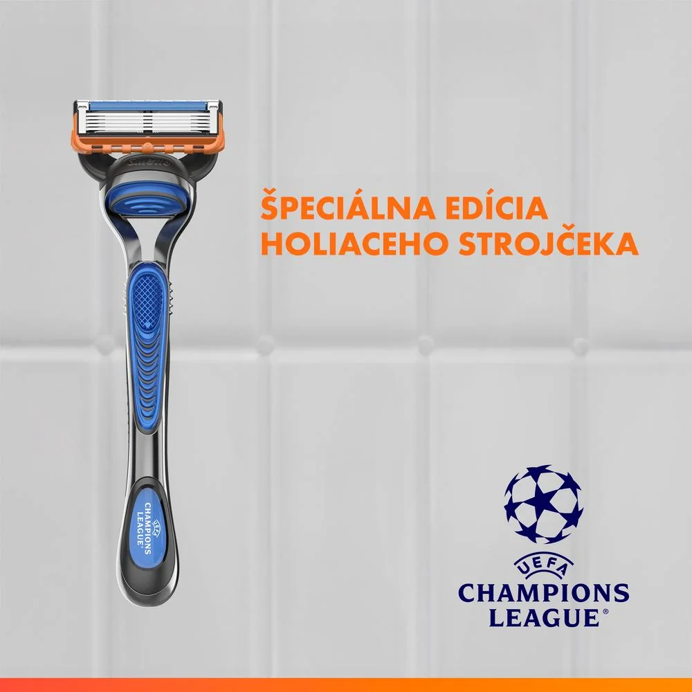 Xmass set Gillette Fusion5 UEFA Champions League Special Edition pánsky holiaci strojček, 4 hlavy + gél na holenie Fusion Sensitive 200ml 1 set
