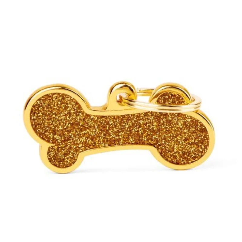 MF BIG BONE GLITTER GOLD gravírovateľný prívesok 2,5x4 cm
