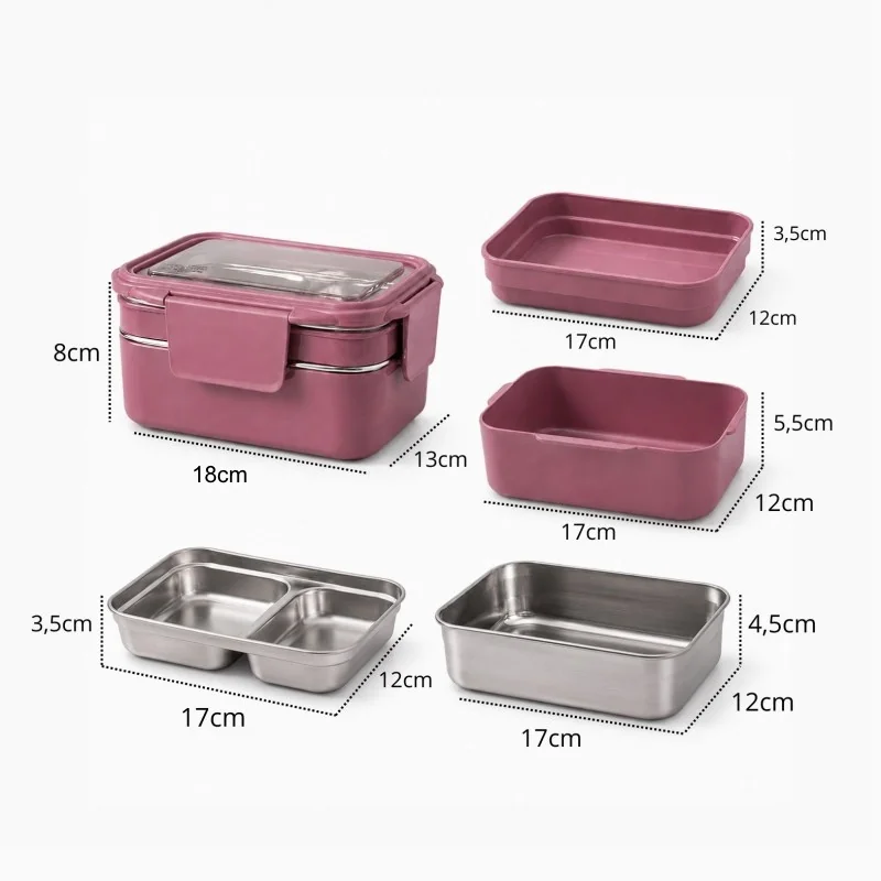 Livefy obedový box s príborom Double Lunch 1.2l, ružový