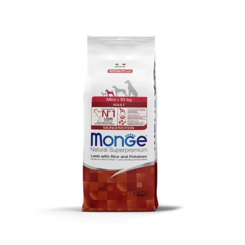 MONGE Natural Superpremium Mini Adult 7,5kg monoproteínové krmivo jahňa/ryža/zemiaky pre dospelých psov malých plemien
