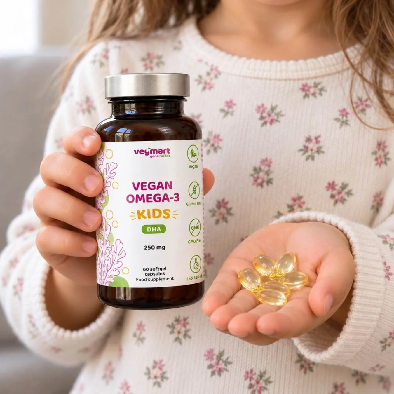 Vegmart Vegánske Omega-3 pre deti DHA 250 mg z mikrorias, 60 kapsúl