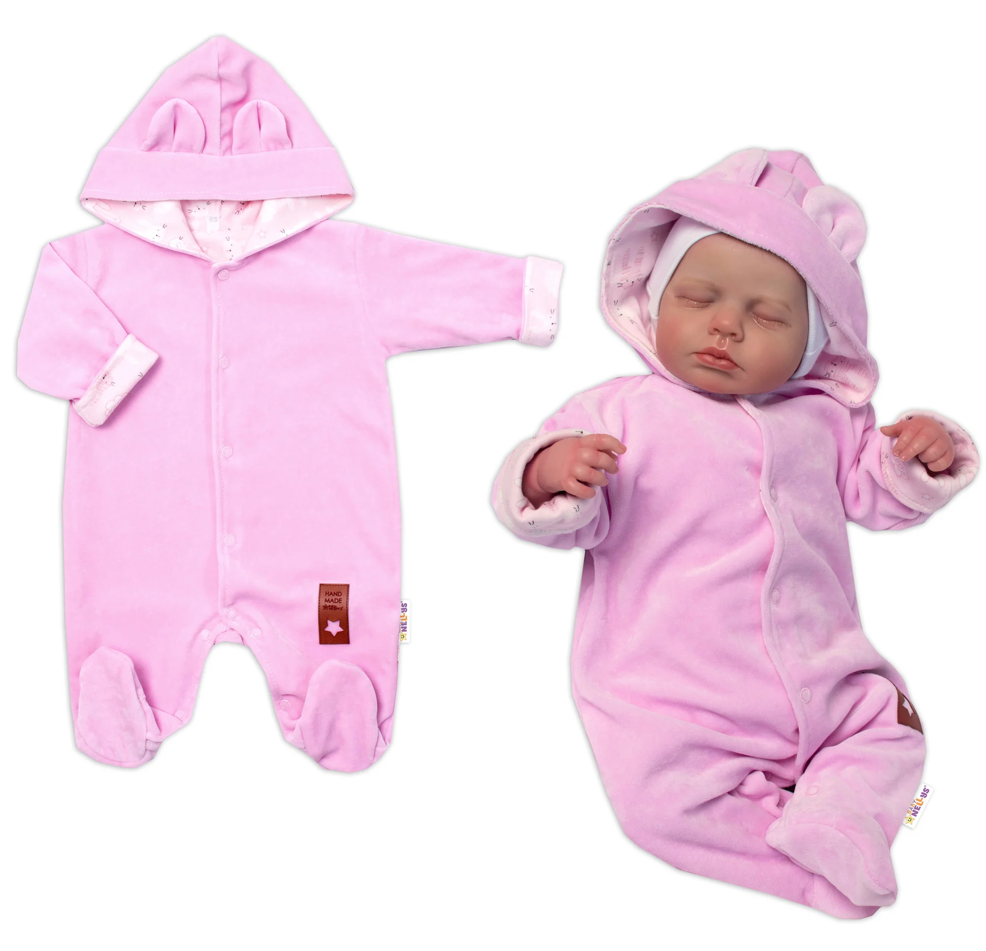 Dvojvrstvový velúrový overal s kapucňou New Bunny, ružový, veľ. 80