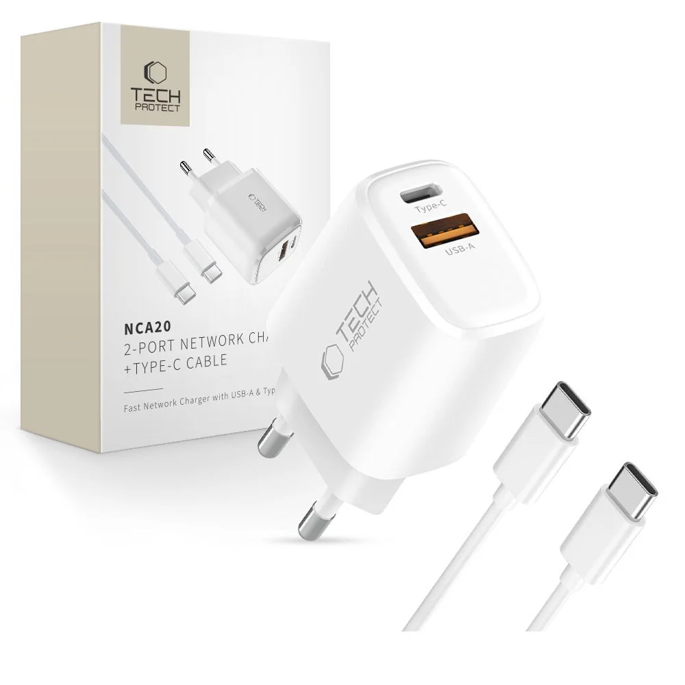 Tech-Protect NCA20 sieťová nabíjačka 20W PD QC + kábel USB-C, biela