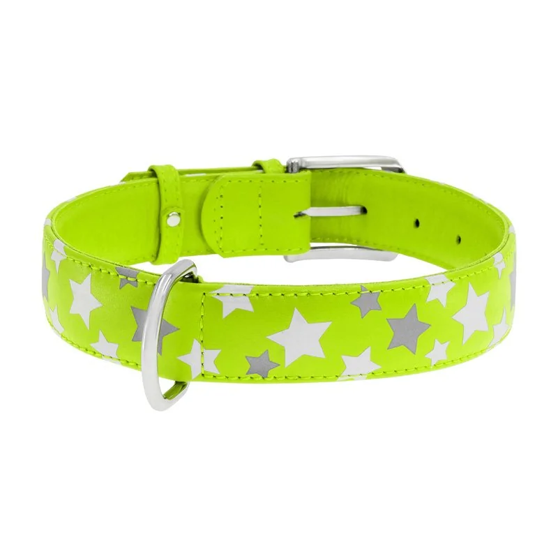 Plochý kožený obojok s hviezdičkami zelený svietiaci, Obvod krku: 19-25cm, šírka: 9mm