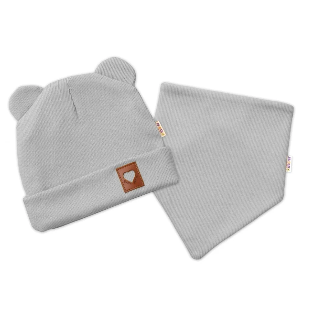 Baby Nellys Rebrovaná dvojvrstvová čiapka s uškami + šatka TEDDY - sivá