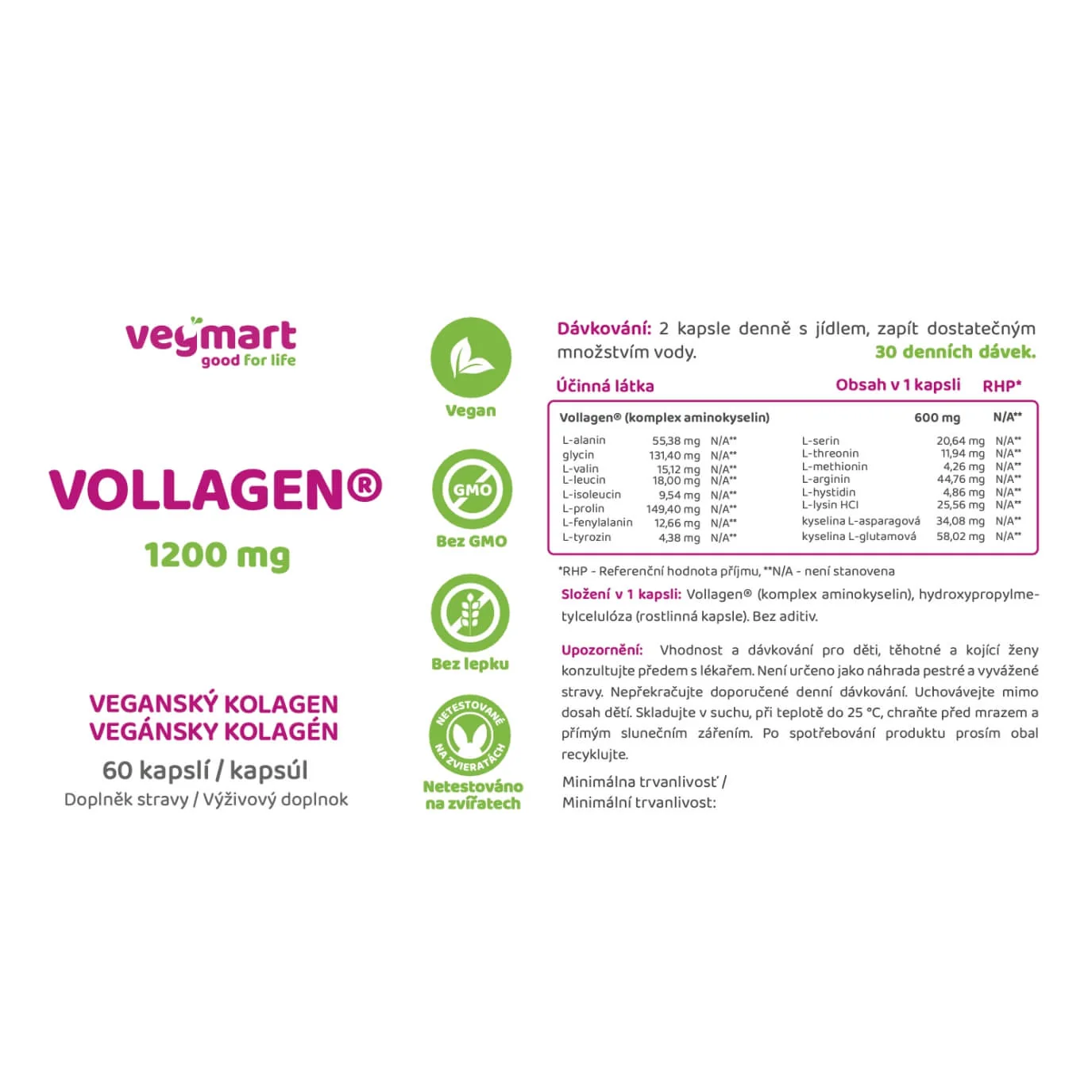 Vegmart Vollagen® 1200 mg (vegánsky kolagén), 60 kapsúl