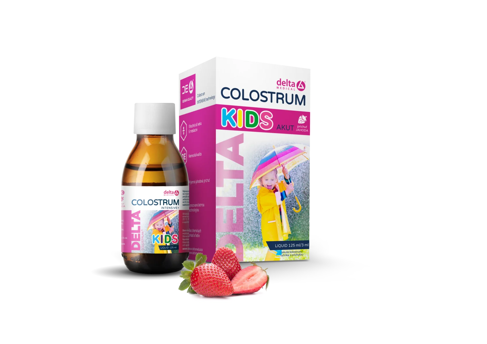 DELTA COLOSTRUM KIDS Jahoda tekuté 125ml 1×125 ml, výživový doplnok