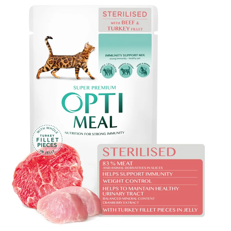 OPTIMEAL™ Superpremium kapsička pre sterilizované mačky s hovädzím a morčacím filé v žele 85g (5901)