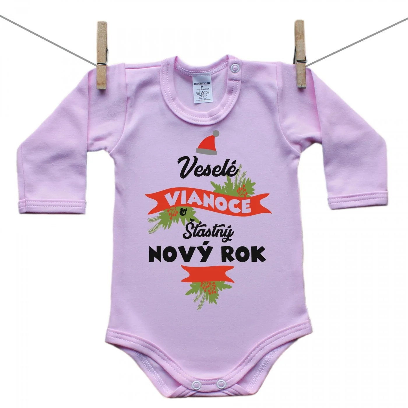 Boodyy Ružové Body s dlhým rukávom Veselé Vianoce a šťastný nový rok Veľkosť: 80