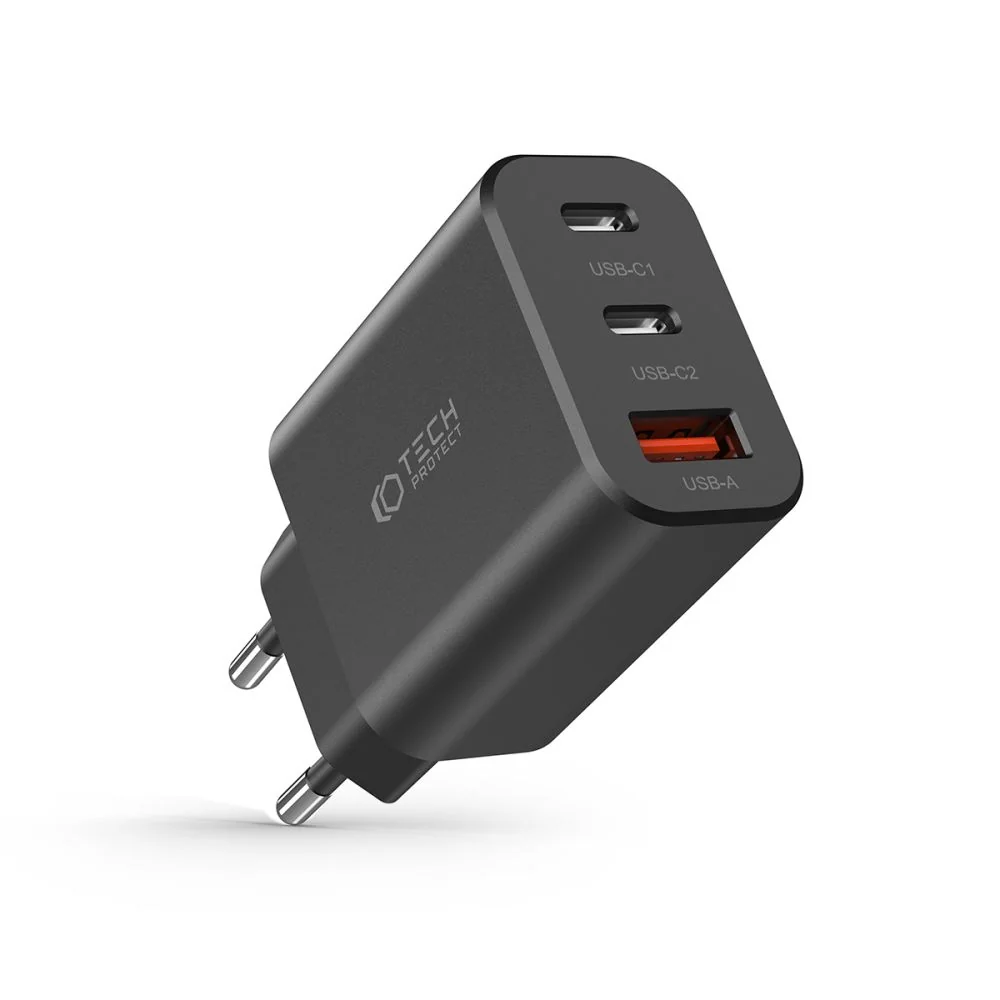 Tech-Protect 3-port sieťová nabíjačka USB / 2x USB-C 30W PD QC, čierna