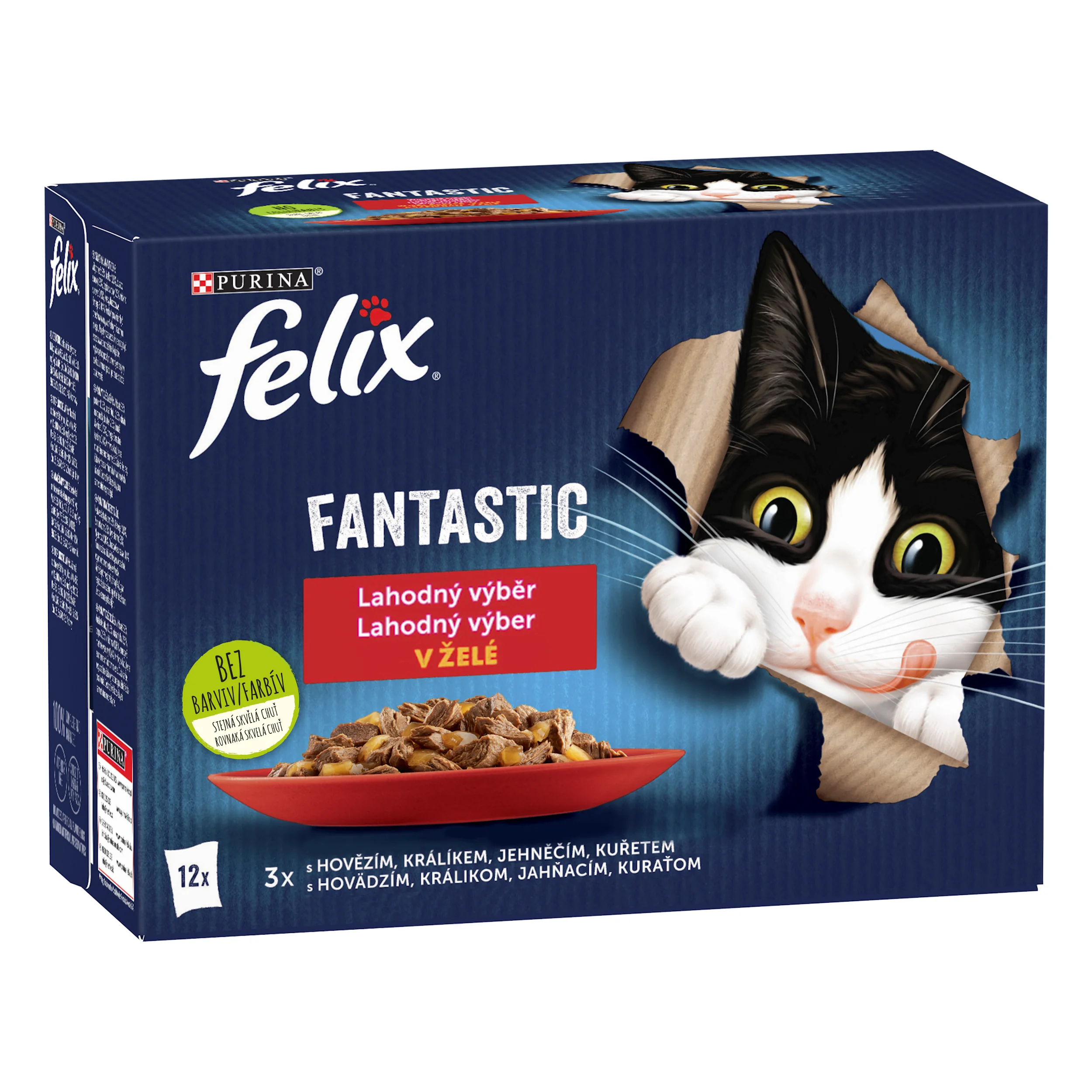Felix Fantastic kapsičky pre mačky kura, hovädzie, králik, jahňacie v želé 12×85 g 12×85 g, kapsičky pre mačky
