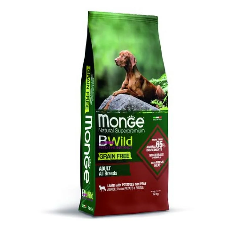 MONGE BWild Grain Free Adult 12kg bezobilninové kompletné krmivo pre dospelých psov všetkých plemien s jahňacím mäsom, zemiakmi a hráškom