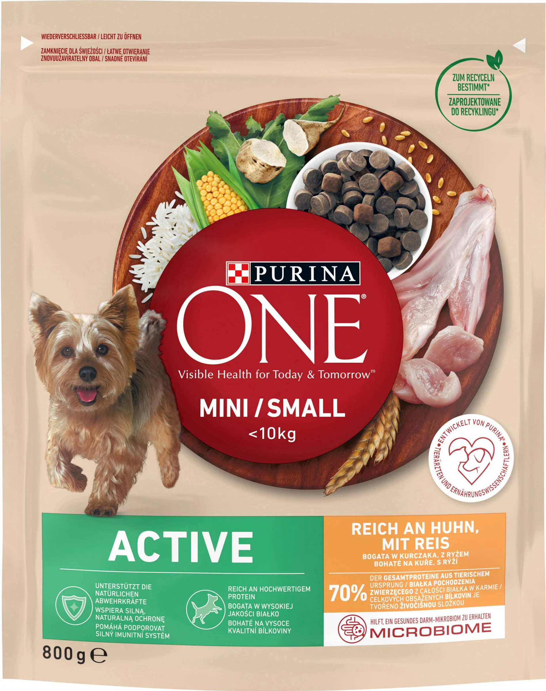ONE MINI Active Dog 800g s kuraťom 1×800 g, kompletné krmivo pre dospelých psov