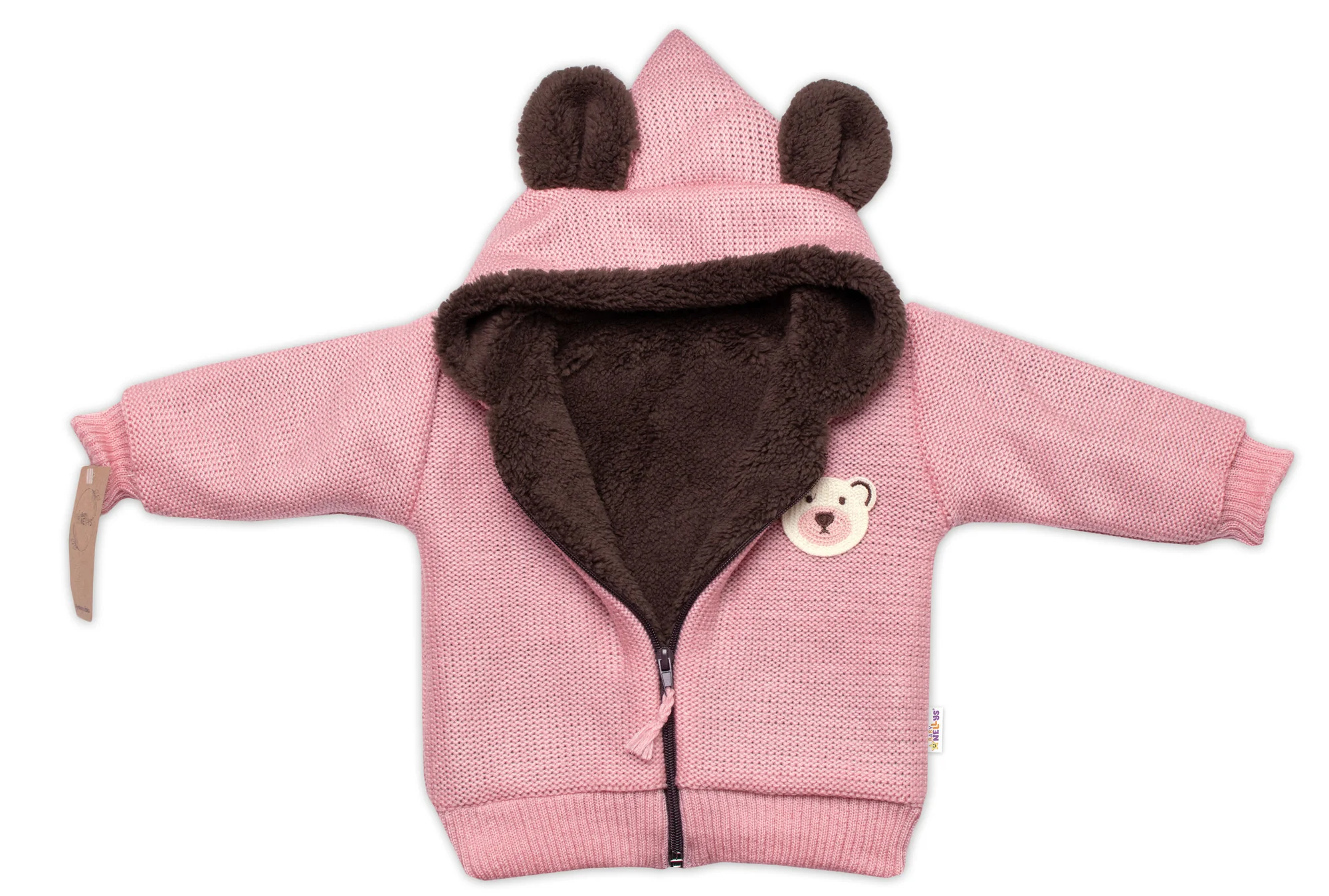 Oteplená pletená bundička Teddy Bear, Baby Nellys, dvojvrstvová, ružová