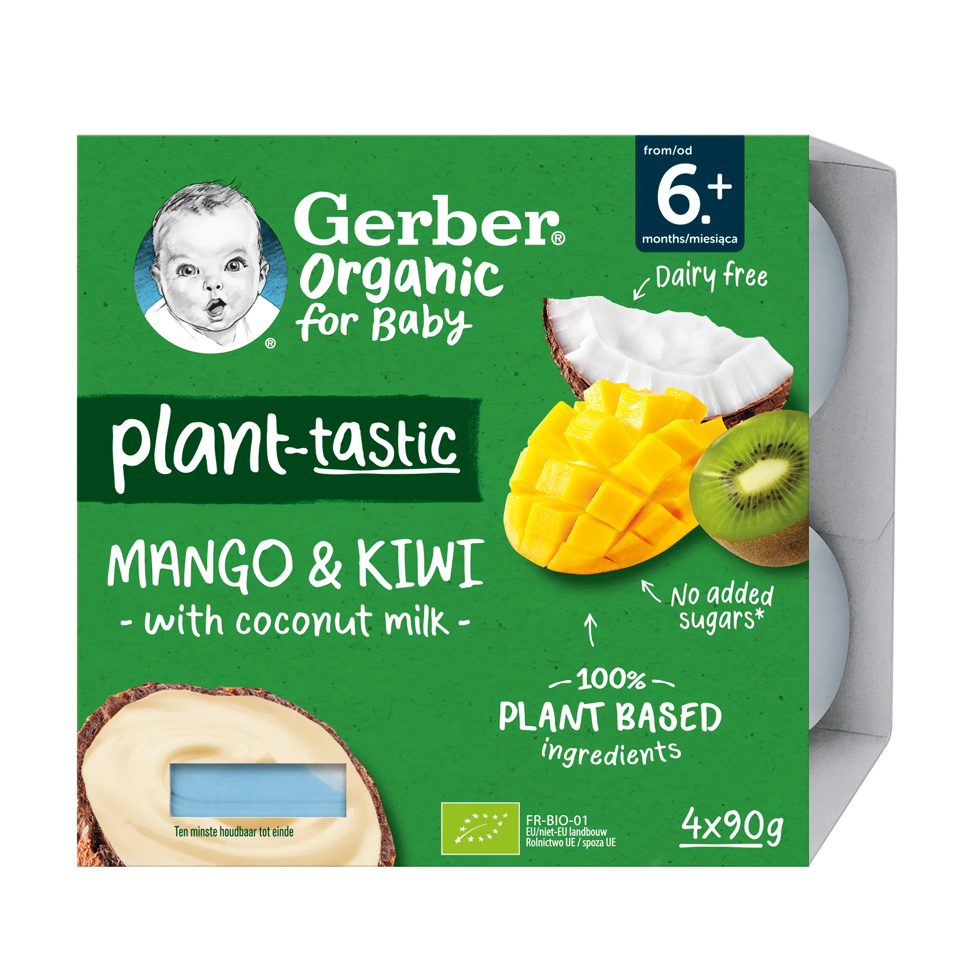Gerber Organic Rastlinný dezert Mango a kiwi 4x90 g, s kokosovým mliekom (od ukonč. 6. mesiaca)
