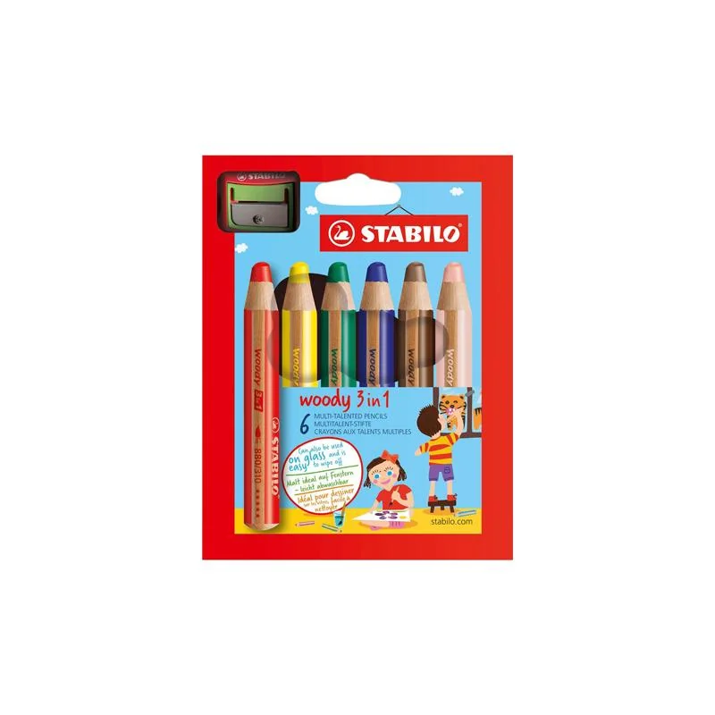 Pastelky Woody 3 v 1, sada 6 farieb s orezávadlom 6 rôznych farieb