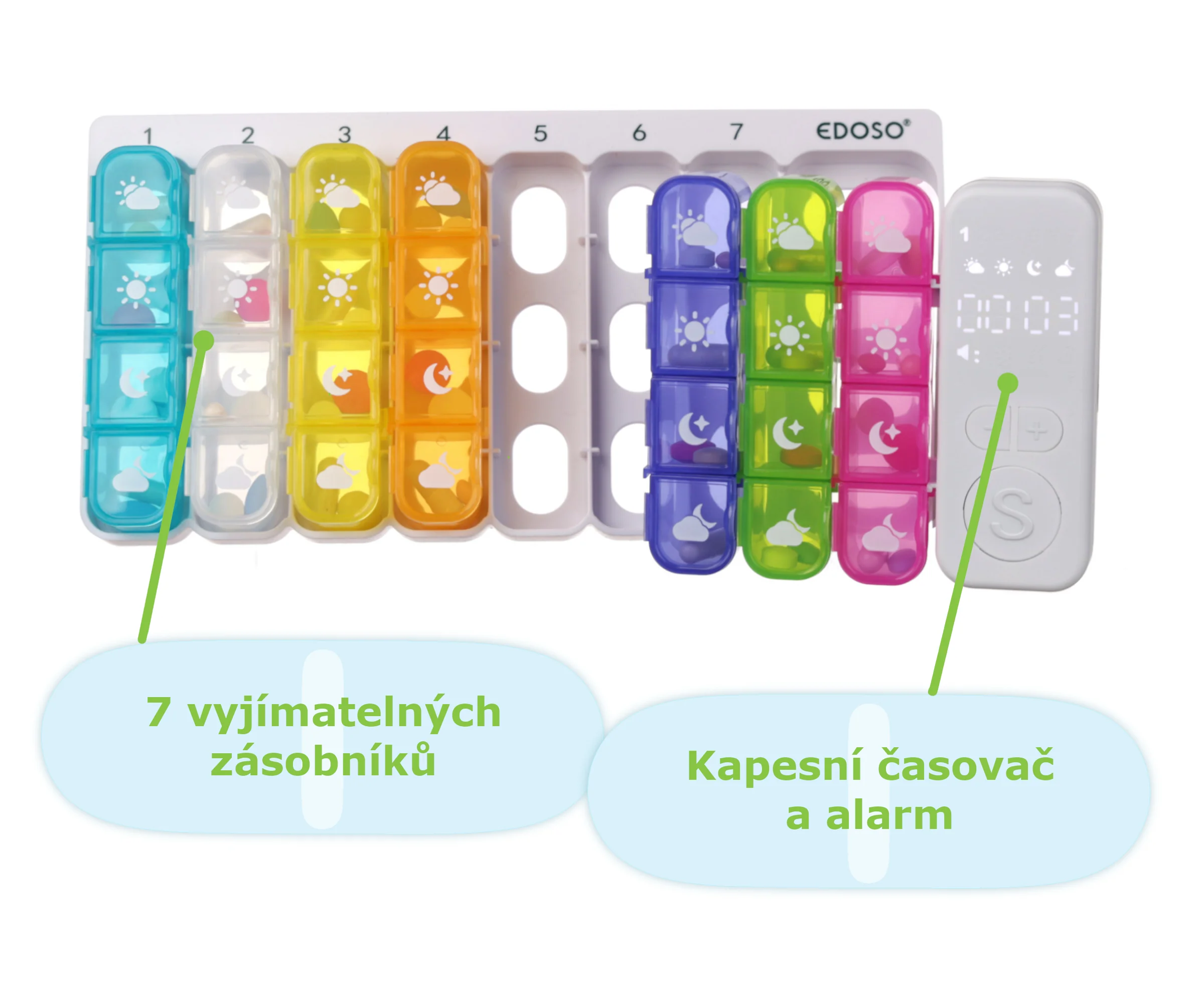 EDOSO Elektronický dávkovač liekov Veľký týždenný elektronický dávkovač liekov na 7 dní s alarmom a LED displejom