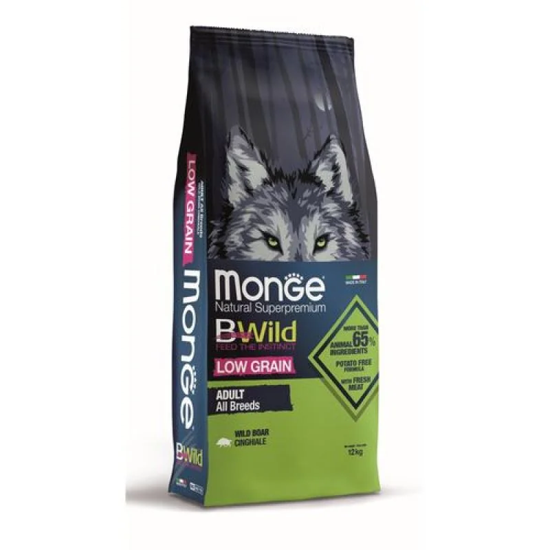 MONGE BWild Low Grain Adult 12 kg kompletné krmivo pre dospelých psov všetkých plemien s diviakom so znížením obsahom obilnín