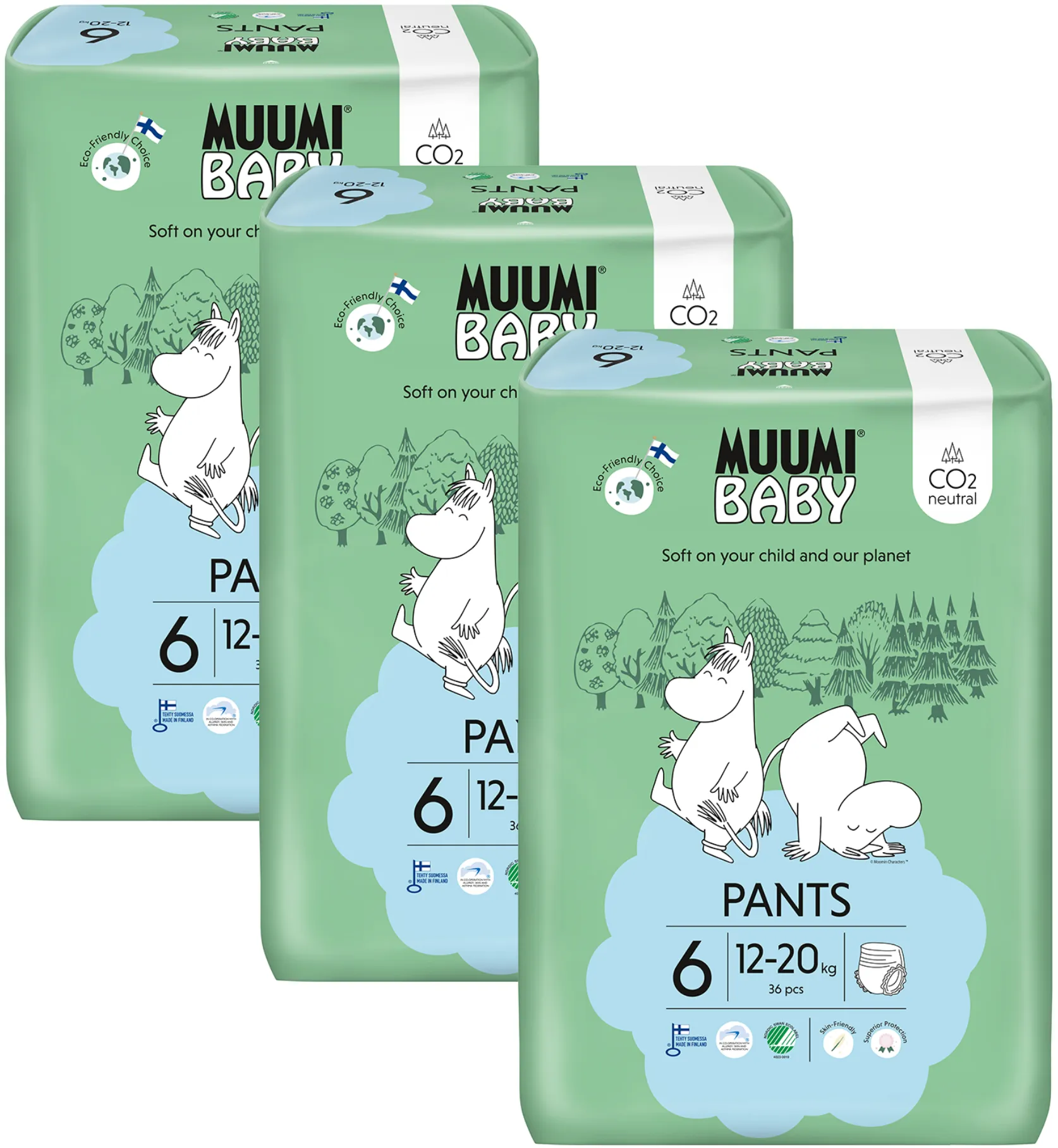 Muumi Baby Pants 6 Junior 12-20 kg, mesačné balenie nohavičkových eko plienok 1×108ks, EKO plienkové nohavičky