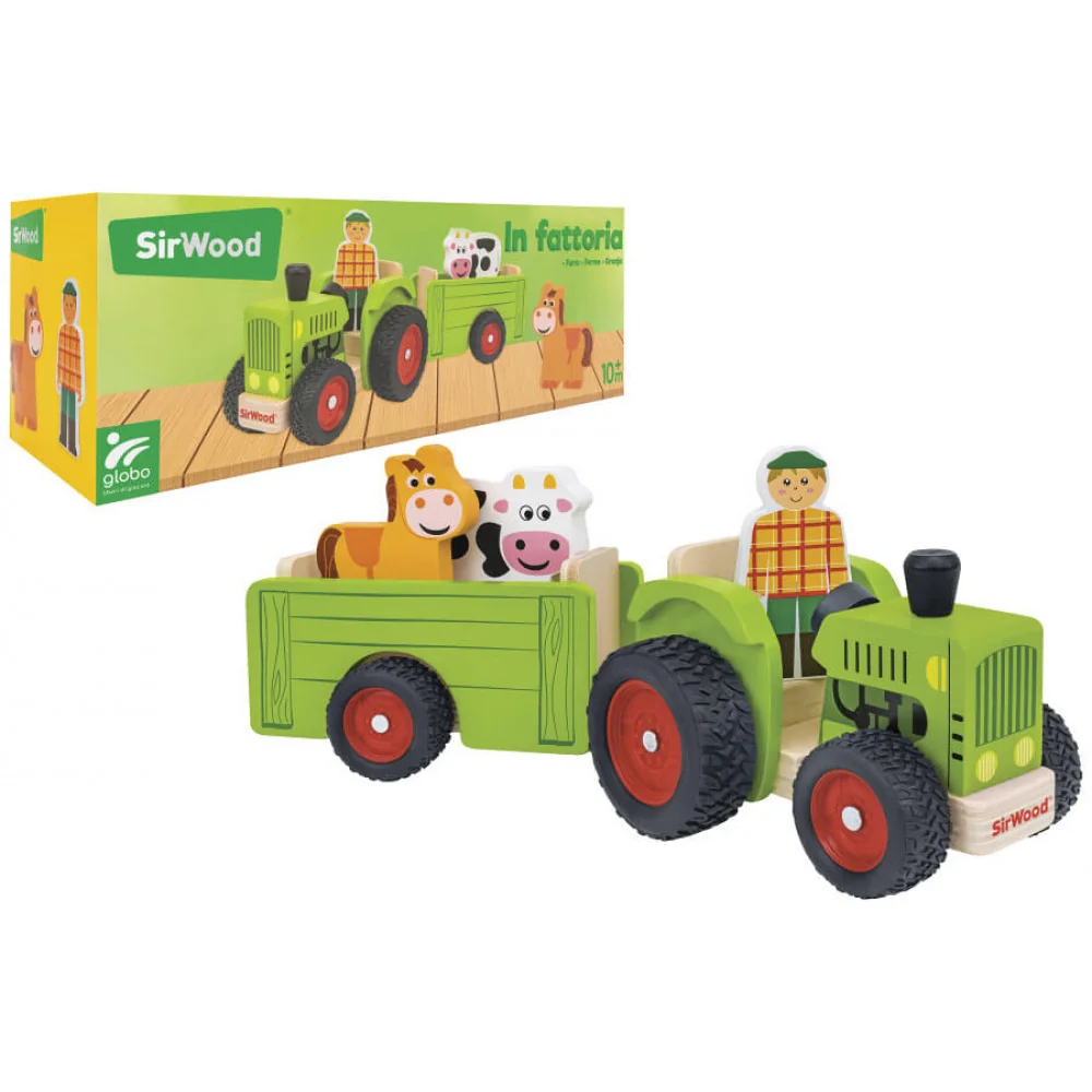 Traktor s vlečkou a dreveným farmárom, koníkom a kravičkou-SIRWOOD