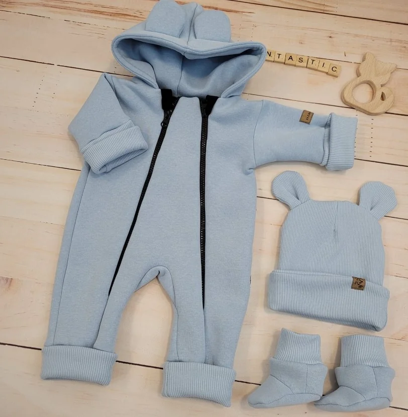 Oteplený detský overal bez šľapiek s kapucňou, čiapočka+topánočky, 3D,Kazum, modrý, veľ.62