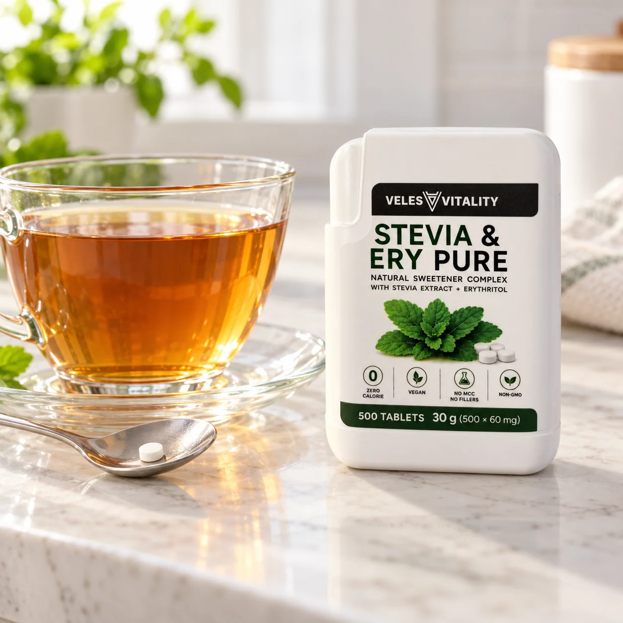Veles Vitality STEVIA & ERY PURE sladidlo 500 tabliet Prírodné sladidlo so stéviou a erytritolom v dávkovači